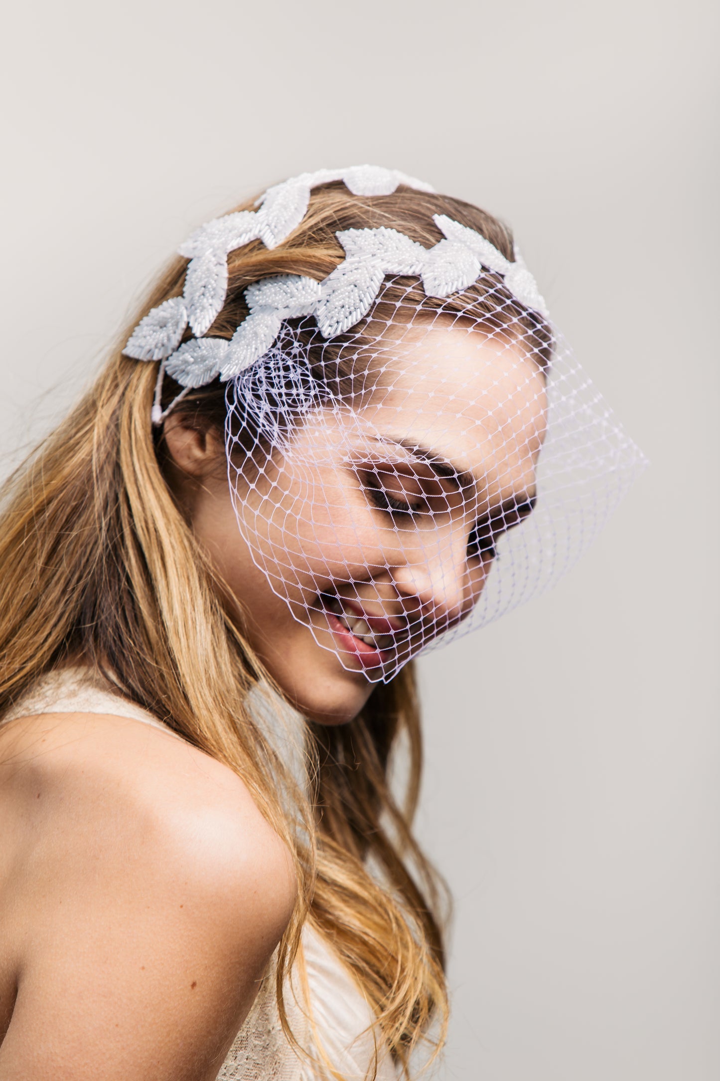 White Beaded Leaves Bridal Headband