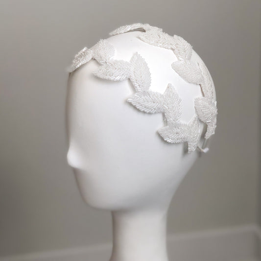 White Beaded Leaves Bridal Headband